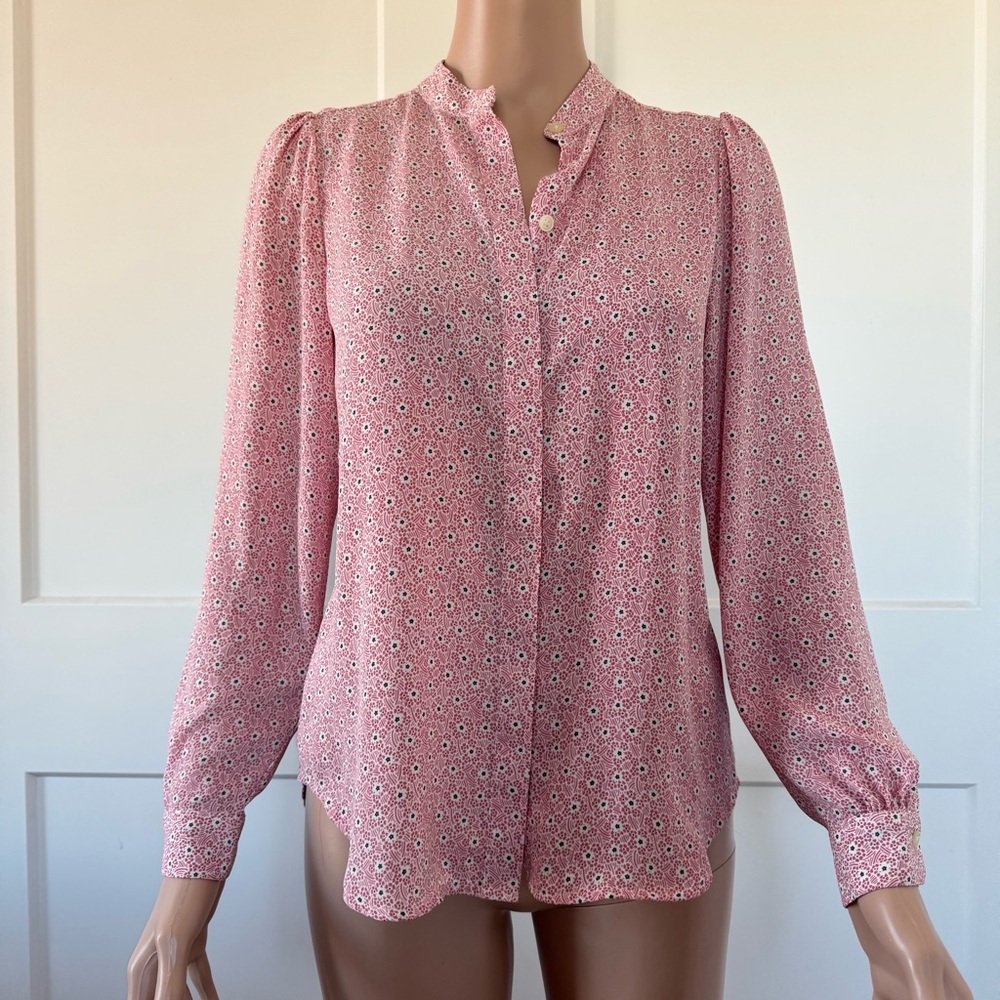 Loft Pink White Small Flowers Floral Puffy Puff Sleeves Blouse Shirt XXSP Petite
